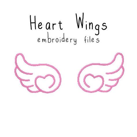 Heart Wings Drawing, Cute Angel Wings Tattoo, Heart With Wings Aesthetic, Cute Wings Tattoo, Heart Wings Tattoo, Kawaii Angel Wings, Embroidery Kawaii, Cute Angel Wings, Kawaii Embroidery