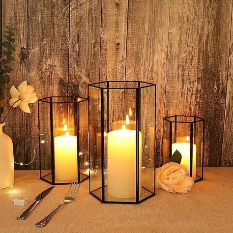 Glass Hurricane Candle Holder, Set of 3 Large Clear Hexagon Lanterns Pillar Candle Lantern with Black Metal Frame Wedding Centerpiece Table Decor Home Decorations Geometric Lantern, Ivory Pillar Candles, Black Candle Holders, Lights Wedding Decor, Lantern Centerpieces, Lantern Candle Decor, Centerpiece Table, Lantern Set, Frame Wedding