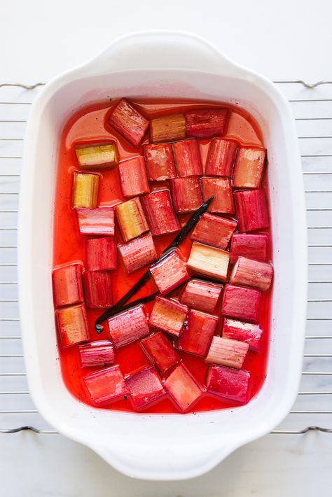 Roasted Rhubarb Recipes, Zoe Francois, Roasted Rhubarb, Rhubarb Recipes, Oven Roast, Simple Recipe, Rhubarb, Vanilla Bean, Baked Dishes