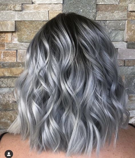 Ashy Silver Hair Dark Roots, Silver Hair Colour Ideas, Silver Hair For Brunettes, Silver Grey Highlights On Blonde Hair, Balayage Grey Hair Silver, Grey Hair Blue Highlights, Grey Hair Color Silver Short, Black Roots Silver Hair Short, Dark Roots With Silver Hair