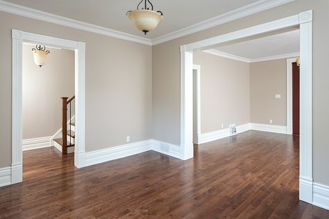 Main floor renovation. Light Brown House Interior, Beige Paint Colors For Living Room, Beige Floor Living Room, Beige Living Room Paint, Dark Floors Light Walls, Hallway Decorating Ideas, Interior Paint Colors For Living Room, Floor Renovation, Room Wall Colors