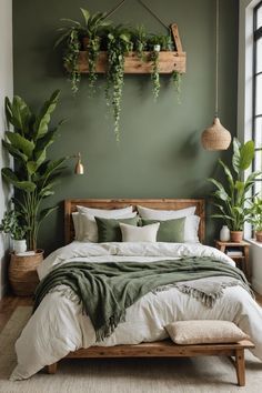 Bedroom Sage Green Bedding, Green Room Asthetics Bedrooms, Over The Headboard Decor, Sage Wall Bedroom, Pine Green Bedroom, Sage Boho Bedroom, Green Bedroom With Plants, Bedroom Decor Green Walls, Dark Green And Cream Bedroom