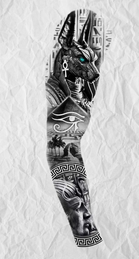 Egyptian Gods Back Tattoo, Anubis Full Sleeve Tattoo, Egyptian Full Sleeve Tattoo, Anubis Back Tattoo Design, Egyptian Mythology Tattoo Sleeve, Egyption Sleeve Tattoo, Anubis And Ra Tattoo, Female Anubis Tattoo, Egyptian God Tattoos