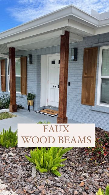 Faux Wood Pillars Front Porches, Faux Wood Beams Outdoor, Faux Wood Beams Exterior, Diy Wood Beams Front Porch, Wood Beams Front Porch, Wood Pillars Front Porch, Fake Wood Beams, Porch Beams, Stained Wood Beams