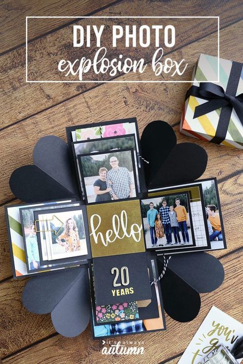 How to make an Explosion Box {cheap, unique DIY gift idea!} - It's Always Autumn Photo Box Diy, Diy Exploding Box, Exploding Gift Box, Anniversary Diy, Diy Anniversary Gift, Diy Anniversary, Mason Jar Crafts Diy, Exploding Boxes, Cadeau Photo