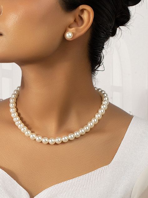 White Elegant Collar     Embellished   Fashion Jewelry Wedding Pearl Jewelry Set, Pearl Necklace Elegant, Pearl Necklace Prom, Elegant Pearl Necklace, Wedding Jewelry Pearl, Luxury Pearl Jewelry, Pearl Jewelry Necklace Simple, Pearl Jewelry Outfit, Wedding Jewelry Pearls