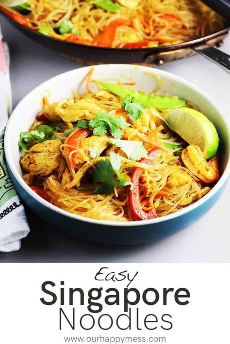 Singapore Noodles - Our Happy Mess Noodles Dinner, Shrimp And Chicken, Asian Noodle Dishes, Shrimp Noodles, Singapore Noodles, Asian Chicken Salads, Curry Noodles, Easy Curry, Asian Noodles