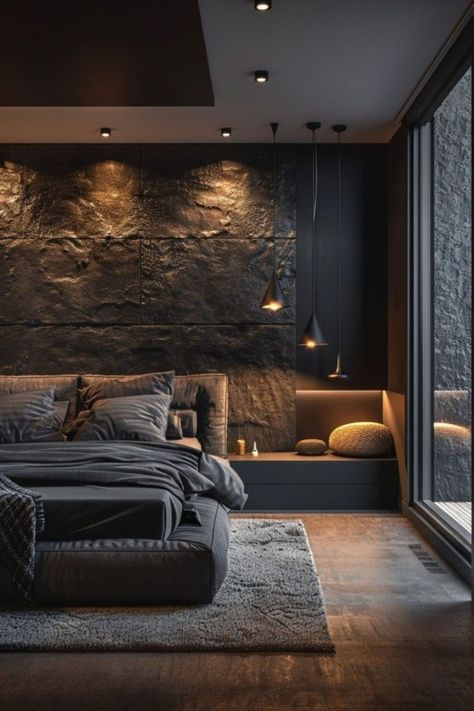 Dark Zen Bedroom, Modern Cosy Bedroom, Modern Bedroom Dark, Moody Modern Bedroom, Modern Moody Bedroom, Modern Dark Bedroom, Dark Modern Bedroom, Dark Bedroom Aesthetic, Dark Apartment