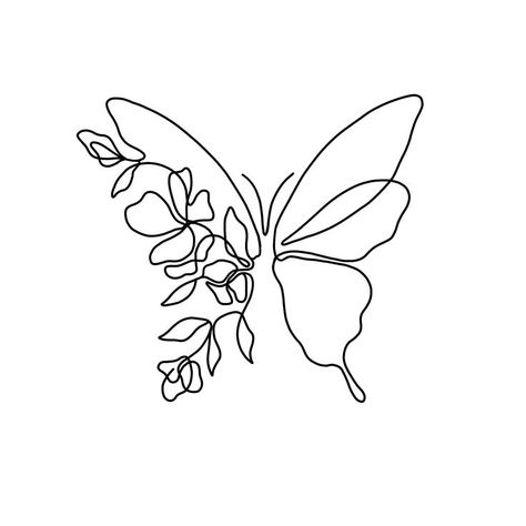 Butterfly Half Flowers, Line Drawing Butterfly, Butterfly Line Drawing, Line Drawing Images, Tat Inspiration, Half Butterfly, Butterfly With Flowers Tattoo, Butterfly Line Art, Matching Friend Tattoos