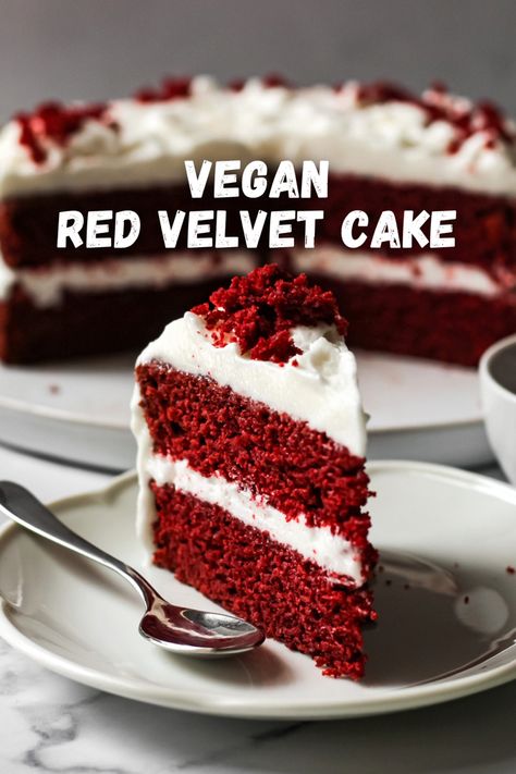 A photo of a bright red velvet cake slice topped with squirty cream. Vegan Ding Dong Cake, Vegan Red Velvet Cake, Vegan Red Velvet, Posne Torte, Cake Flavours, Birthday Cake Decorating Ideas, Vegan Baking Recipes, Dairy Free Cake, Vegan Cakes