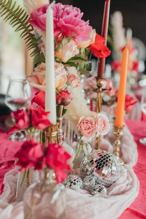 Celebrate with a Boho 70's Disco Themed Bridal Shower! - NorCal Bride & Groom Bright Table Centerpieces, Sunset Disco Wedding, Wildflower Disco Ball Wedding, Bridal Shower Pink Theme, Disco Boho Wedding, Disco Bridal Shower Ideas, Boho Disco Party, Flowers And Disco Balls, Boho Retro Wedding