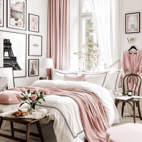 Poster Store (@posterstore) • Instagram photos and videos Pink Industrial Bedroom, Bed In Front Of Window, Pink And White Bedroom, Parisian Bedroom, Rum Inspo, Design Ložnic, Paris Wall Decor, Paris Rooms, Pink Rooms