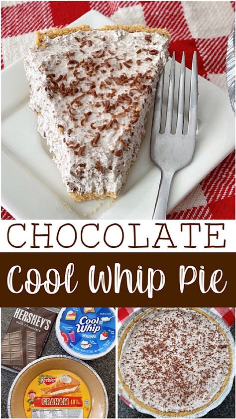 This easy no bake Chocolate Cool Whip Pie is made with only three ingredients, Cool Whip, melted chocolate, and a pre-made graham cracker crust. Customize it with your favorite toppings for a delicious treat. Fast Easy Chocolate Dessert, Pies Made With Cool Whip, Tru Whip Recipes, Chocolate Pie With Cool Whip, Easy Cool Whip Pies, What To Do With Cool Whip, No Bake Pudding Pie Cool Whip, Easy Chocolate Pie 3 Ingredients, Easy Pie Recipes No Bake Graham Cracker Crust