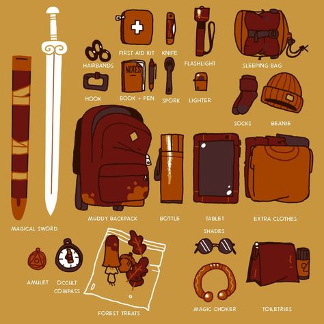 Adventure Pack Drawing, Character Inventory Art, Inventory Illustration, Cool Clothes Aesthetic, Inventory Drawing, Oc Inventory, Adventure Clothes Fantasy, Adventurer Oc, Fantasy Adventurer Outfit