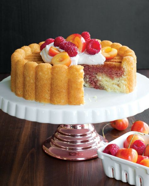 Create this spongy and light cake using our Charlotte Cake Pan, soaked in a cherry syrup and topped with homemade whipped cream and fresh fruit. So easy and delicious for a spring/summer dessert to enjoy with the entire family! Nordicware Recipes, Country Desserts, Light Cake, Flavored Whipped Cream, Charlotte Cake, Cakes To Make, Cherry Syrup, Light Cakes, French Dessert