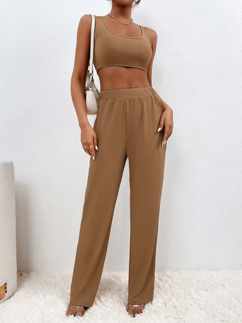 Brown Casual  Sleeveless Polyester Plain   Slight Stretch Spring/Summer Women Co-ords Brown Two Piece Outfit, Brown Two Piece, Top Pants Set, Co Ords, Model Fits, Outfit Summer, Knitted Tank Top, Knit Tanks, Two Piece Outfit