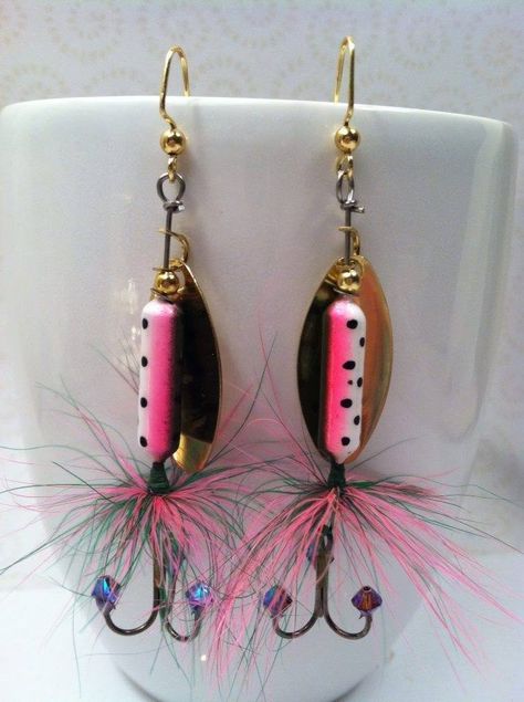 Fishing lure earrings Fish Lure Jewelry, Fishing Jewelry Diy, Fish Hook Earrings Diy, Fishing Lure Earrings, Fishing Lure Earrings Diy, Fishing Lure Jewelry, Fishing Earrings, Fishing Crafts, Fishing Jewelry