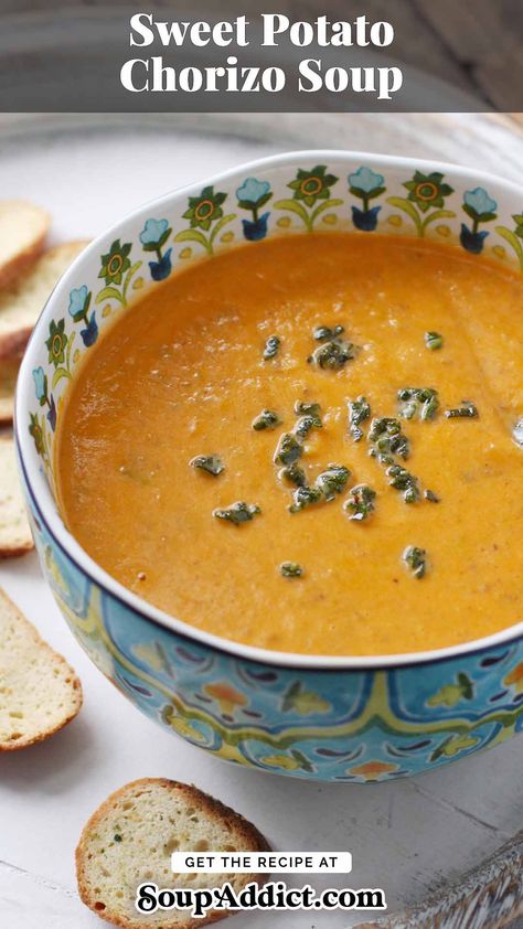 Sweet Potato Chorizo Soup in a blue bowl. Potato Chorizo Soup, Sweet Potato And Pepper Soup, Sweet Potato Chorizo Soup, Sweet Potato Sausage Soup, Potato Sausage Soup, Chorizo Soup Recipes, Sweet Potato Chorizo, Sweet Potato Sausage, Potato Chorizo