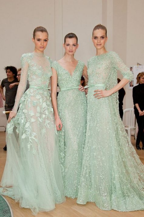 Wedding Mint Green, Green Wedding Dresses, Robes Glamour, Mode Glamour, Ellie Saab, Elie Saab Couture, Elie Saab Spring, Three Women, Josephine Skriver