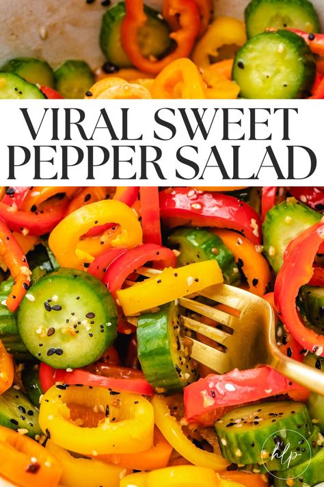 sweet pepper salad in a bowl with seasoning Cucumber Bell Pepper Salad Recipes, Cucumber Onion Pepper Salad, Mini Cucumber And Pepper Salad, Side Dishes With Peppers, Cucumber Mini Pepper Salad, Cucumber Red Pepper Salad, Sweet Pepper Side Dish, Cucumber Bell Pepper Onion Salad, Viral Sweet Pepper And Cucumber Salad