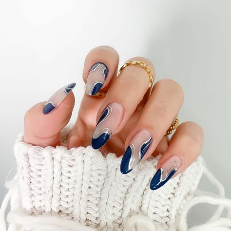 Navy And Silver Nails, Moonstone Nails, Silver French Manicure, Metallic Gold Nails, Dance Nails, Blue Prom Nails, Blue And Silver Nails, Hoco Nails, Silver Nail Designs