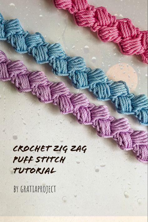 Zig Zag Puff Stitch Crochet Pattern, Crochet Lanyards, Puff Stitch Tutorial, Crochet Zig Zag, Crochet Lanyard, Zig Zag Crochet, Puff Stitch Crochet, Stitch Braids, Stitch Tutorial