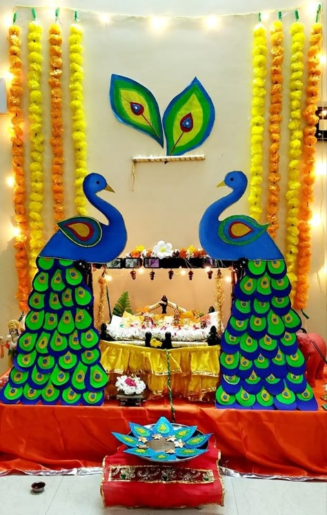 Janamastmi Decoration At School, Krishna Janamastmi, Ganpati Decoration Theme, Ganpati Decor, Mandir Decoration, Ganesh Chaturthi Decoration, Ganpati Decoration At Home, Janmashtami Decoration, Ganapati Decoration