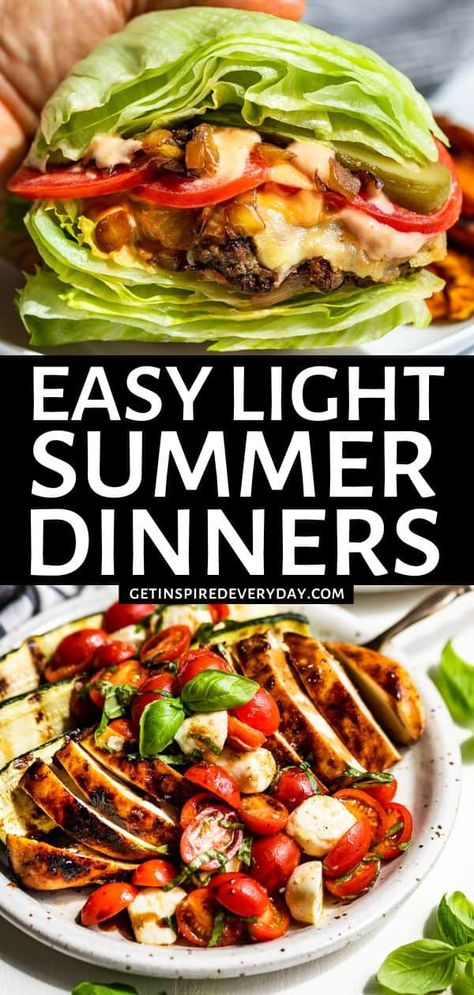 When it's too hot to cook and you don't know what to eat, these 70 Light Summer Dinners will become your new go-to's. You'll find some new grilling favorites and flavorful dinner salads. From my simple chicken marinades with 10 flavors to the super popular Grilled Caprese Chicken, there's a little something for everyone. These light dinners are satisfying right through the heat waves of summer days. Enjoy gluten free, dairy free, and paleo recipe options. Hot Day Dinners, Light Summer Dinners, Light Dinners, Too Hot To Cook, Flavorful Dinner, Easy Summer Dinners, Heat Waves, Simple Chicken, Caprese Chicken