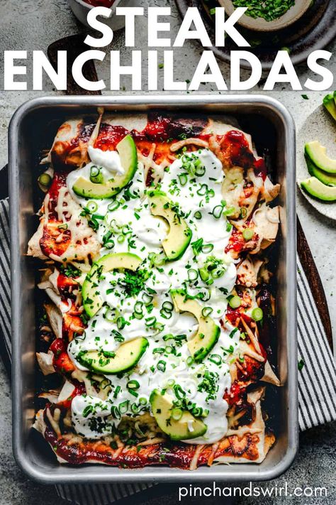 Leftover steak? 🥩 Transform it into these insanely delicious Steak Enchiladas! 🌮🧀 Tender, seasoned steak, wrapped up in soft tortillas and baked in a vibrant sauce with plenty of melty cheese...All the good stuff, none of the fuss. Perfect for laid-back summer dinners! 😋☀️ I'm telling you, it's worth firing up the grill just to make extras for this recipe. Steak Enchiladas Recipe Easy, Easy Steak Enchiladas, Steak And Cheese Enchiladas, Enchiladas Steak, Cheesesteak Enchiladas, Leftover Fajita Steak Recipes, Steak Enchiladas Recipe, Healthy Beef Enchilada Recipe, Steak Leftovers Ideas