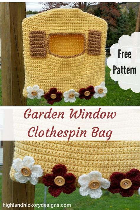 Crochet Garden Window Clothespin Bag. Free Pattern. Holds 100 clothespins! Bag Free Pattern, Crochet Garden, Clothespin Bag, Garden Window, Red Heart Patterns, Confection Au Crochet, Peg Bag, Crochet Bags Purses, Crochet For Home