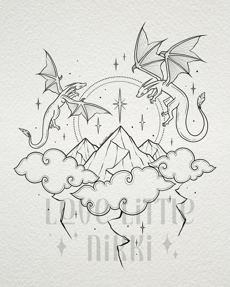 Fourth Wing x ACOTAR tattoo design for the lovely Renee ⚡️📖 she wanted this piece to incorporate a couple of her favorite dragons from Fourth Wing, along with some clouds and lightning ✨ thank you for your trust! #fourthwing #acotar #rebeccayarros Nerdy Drawings, Book Dragon Tattoo, Fourth Wing Tattoo, Clouds And Lightning, Reader Tattoo, Wings Sketch, Lightning Tattoo, Dm Screen, Wing Tattoo Designs