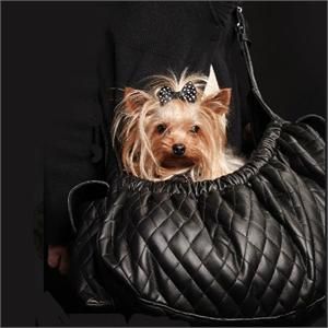 Black quilted pleather Pet Sling with genuine leather strap and pocket flap accent. Dog Carrier Purse, Biker Dog, Flower Cat Collar, Dog Carrier Sling, Bling Dog Collars, Pet Sling, Dog Bling, Dog Sling, Dog Purse