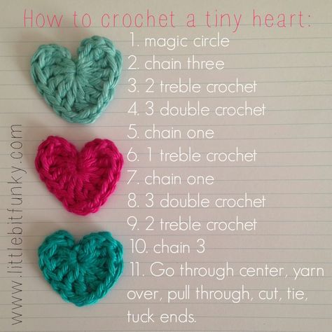 Little Bit Funky: how to crochet a {tiny} heart! Crocheted Hearts, Crochet Mignon, Crochet Heart Pattern, Confection Au Crochet, Pola Amigurumi, Valentines Crochet, Crochet Simple, Crochet Inspiration, Crochet Heart