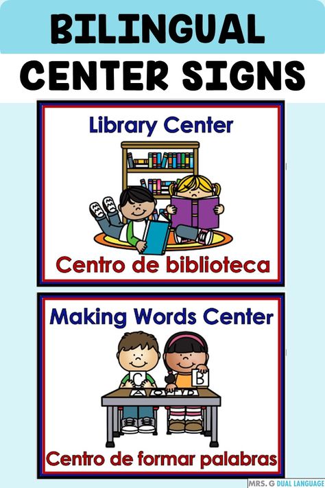 Bilingual classroom decor. Center or station posters for the bilingual English-Spanish or Dual Language Classroom for your back to school classroom decor. English words are in blue and Spanish words are in red, for those following the Gomez & Gomez model. It includes 31 center signs to label your learning stations and cards for the pocket chart. Bilingual Centers Dual Language, Spanish Displays Classroom, 1st Grade Bilingual Classroom, Elementary Spanish Classroom Decor, Bilingual Classroom Decor Dual Language, Gomez And Gomez Dual Language Classroom, Classroom Job Chart Free, Bilingual Kindergarten Classroom, Bilingual Classroom Labels