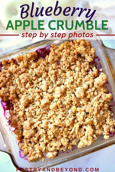 This apple and blueberry crumble recipe is so delicious with tart apples and juicy berries. This simple crumble is so easy to make as well! You can serve this dessert with vanilla ice cream. Apple And Blueberry Crisp, Apple Blueberry Crumble Pie, Fruit Crumble Topping, Blueberry Apple Cobbler, Blueberry And Apple Recipes, Apple And Blueberry Crumble, Apples And Blueberries, Apple Blueberry Recipes, Fruit Crumble Recipe Simple