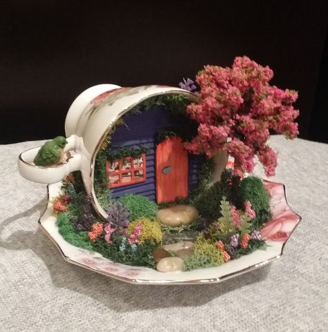 Teacup Garden, Fairy Garden in Cup & Saucer, Miniature Garden, Handcrafted by Cardinal on the Mantel Diy Teacup Planter, Teacup Fairy Gardens, Tea Cup Miniature Garden, Tea Cup Fairy House, Clay Tea Cups Diy, Tea Cup Upcycle Ideas, Teacup Fairy House, Tea Cup Crafts Diy, Fairy Garden Crafts Diy