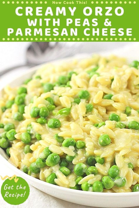 Spring Side Dishes Veggies, Creamy Garlic Parmesan Orzo With Peas, Easy Creamy Orzo Recipes, Dinners With Peas, Orzo With Peas And Parmesan, Parmesan Orzo And Peas, Orzo Peas Recipes, Orzo With Veggies, Recipes Using Peas