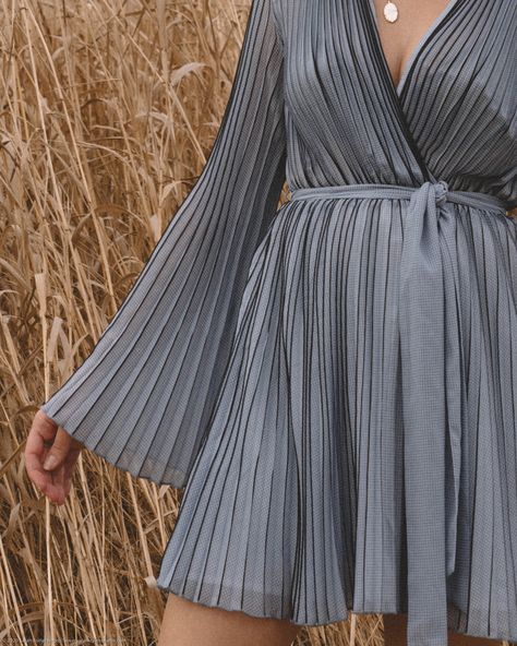 Perfect Fall Dress: Pleated Mini Dress with Bell Sleeves — Sarah Christine Pleated Dress Long Sleeve, Pleated Fabric Dress Designs, Crush Top Design, Dress With Pleated Fabric, Pleated Designer Dresses, Accordian Pleated Dresses, Crush Fabric Top Design, Crush Dress Design, Crush Fabric Dress Design