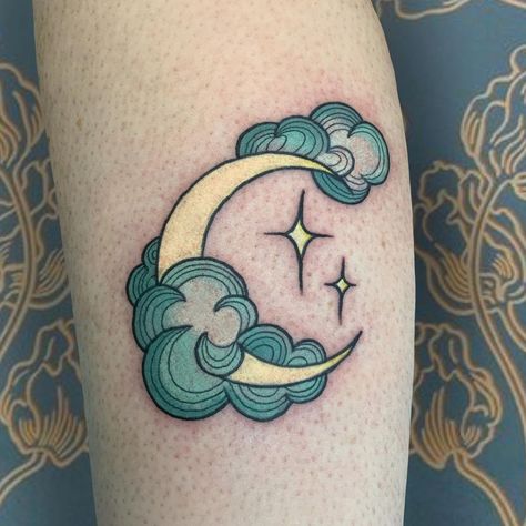 Tattoo Para, Traditonal Tattoo, Cloud Tattoo Design, Celestial Tattoo, Astrology Tattoo, Surreal Tattoo, App Filter, Crescent Moon Tattoo, Traditional Tattoo Sleeve