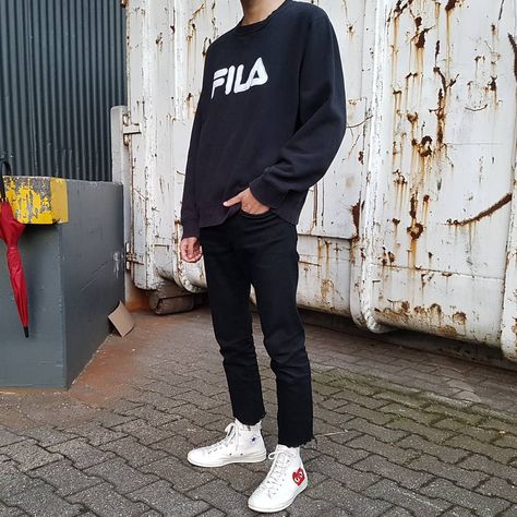 FILA Crewneck || Comme des Garcons PLAY x Converse CTAS Cdg Play Outfit, Converse Play Outfit, Comme Des Garcons Converse Outfit, Garcons Converse Outfit, Cdg Outfit, Cdg Converse Outfit Men, Cdg Converse Outfit, Mens Converse Outfit, Converse Cdg