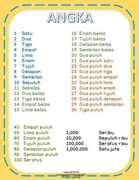 Free Poster Angka (Numbers 1-1000000 Poster in Indonesian) | TpT Personal Marketing Plan, Indonesian Language, Language Quotes, Number Poster, Bahasa Melayu, Foreign Language Learning, English Writing Skills, Free Poster, Life Hacks For School