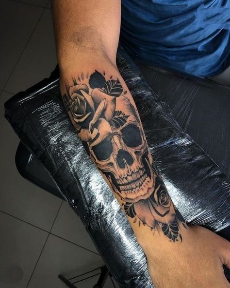 Forearm Skull Tattoos For Guys, Men S Forearm Tattoo, Skull Tattoos For Men Forearm, Rose Forearm Tattoo Men, Sleeve Skull Tattoo, Skull Hand Tattoos For Guys, Flower Tattoos Men, Arm Tattoo Men Forearm, Skull Forearm Tattoo