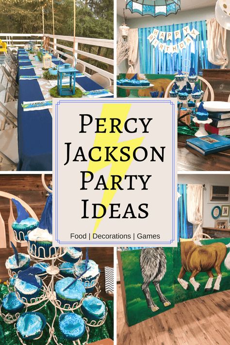 Percy Jackson Inspired Food, Percy Jackson Themed Snacks, Percy Jackson Themed Food, Percy Jackson Party Games, Percy Jackson Party Food, Percy Jackson Blue Food, Percy Jackson Food Ideas, Percy Jackson Decorations, Percy Jackson Party Ideas