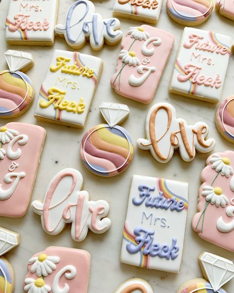 Retro Bridal Shower Cookies, Groovy Bridal Shower Cookies, Groovy Bachelorette Cookies, Dazed And Engaged Cookies, Bach Cookies, Groovy Wedding, Bride Cookies, Wedding Cookies Decorated, Retro Bridal Showers