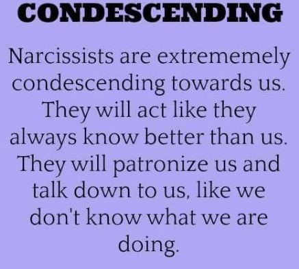 Condescending some people are real experts at it and unfortunately do it often... so often, I'm not sure they are even aware that they are doing it.. so common place, everyday it's expected. Narcissistic Family, Narcissism Quotes, Narcissism Relationships, Emdr Therapy, Narcissistic Parent, Narcissistic Mother, Narcissistic People, Narcissistic Behavior, Psychology Facts