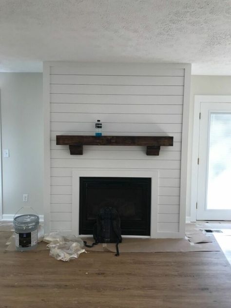 Diy Shiplap Fireplace, Fireplace Redo, Wood Mantel, Faux Fireplace Diy, Brick Fireplace Makeover, Shiplap Fireplace, Diy Shiplap, Farmhouse Fireplace, Faux Fireplace