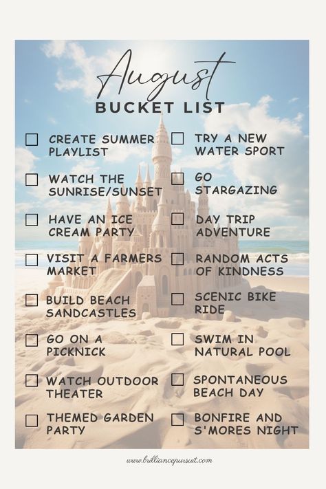 Summer Bucket List Ideas August 2023 Things To Do In August, August Bucket List, 20s Bucket List, August Vibes, Summer Bucket List Ideas, 365 Day Challenge, Calendar Activities, Bucket List Family, Summer Wind