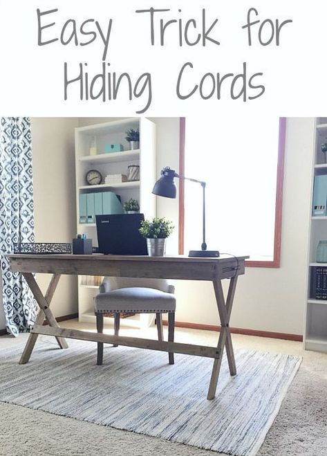 This trick to hiding cords in the office is so easy! Why didn't I think of this?! Hiding Cords, Red Yucca, Office Update, Farmhouse Office Decor, Home Office Layouts, Lavender Laundry, Cheap Office Furniture, Hide Cords, Farmhouse Office