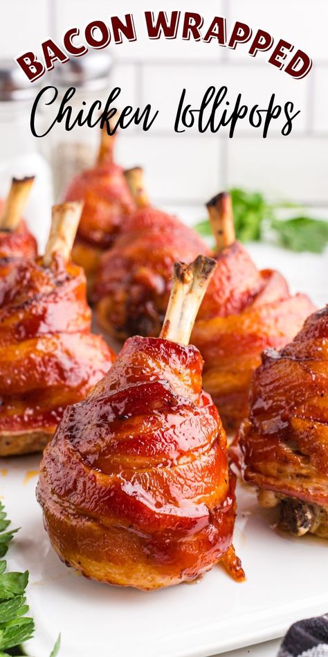 Bacon Wrapped Chicken Lollipops, Grilled Chicken Wrapped In Bacon, Bacon Wrapped Chicken Legs Oven, Chicken Lollypop Recipes, Drumstick Lollipops Oven, Lolly Pop Chicken, Chicken Drumstick Lollipop Recipes, Chicken Lolipop Recipes, Bacon Wrapped Chicken Drumsticks