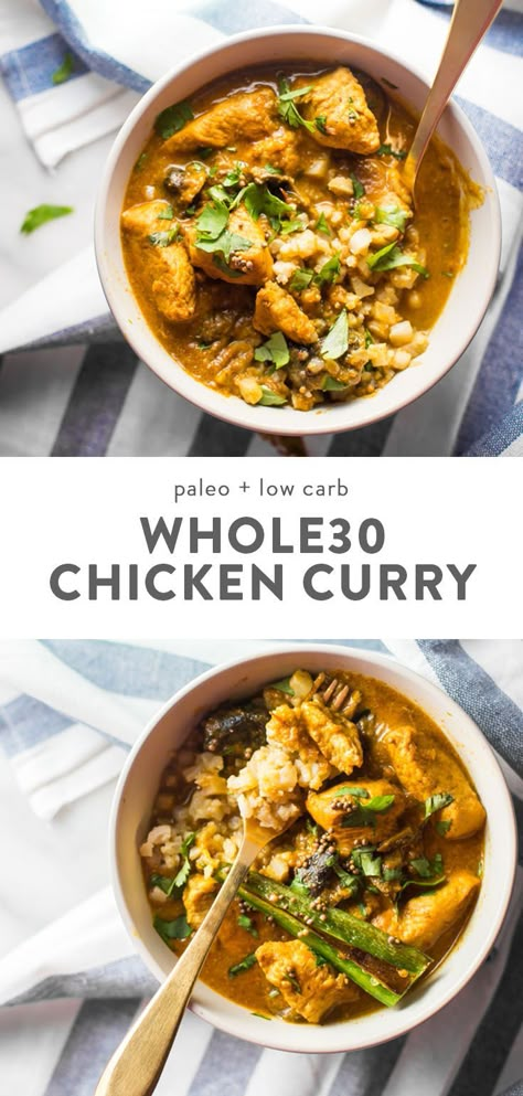 This Whole30 chicken curry recipe is restaurant-quality and surprisingly easy. Low carb, paleo, and, of course, Whole30, this Whole30 chicken curry recipe is a favorite at our home and doesn't even require any weird ingredients! You'll love this Whole30 chicken curry recipe because it's super flavorful and versatile, and it might even replace some Indian takeout! #keto #chicken Paleo Coconut Chicken, Chicken Breast Curry, Indian Takeout, Paleo Menu, Kari Ayam, Moussaka Recipe, Whole30 Chicken, Chicken Curry Recipe, Coconut Curry Chicken